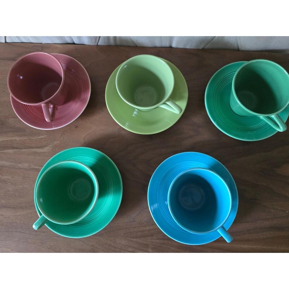 Vintage Fiesta Style Coffee Cup & Saucer Set – 5 Colorful Cups with Saucers - Picture 6 of 6